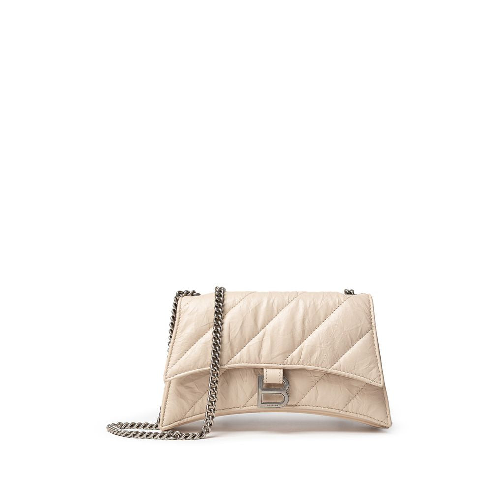 Balenciaga Beige Leather Shoulder Bag - Beige quilted handbag with a chain strap on a white background